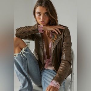 Lucky Brand Classic Leather Moto Jacket Brown Beige - NWT